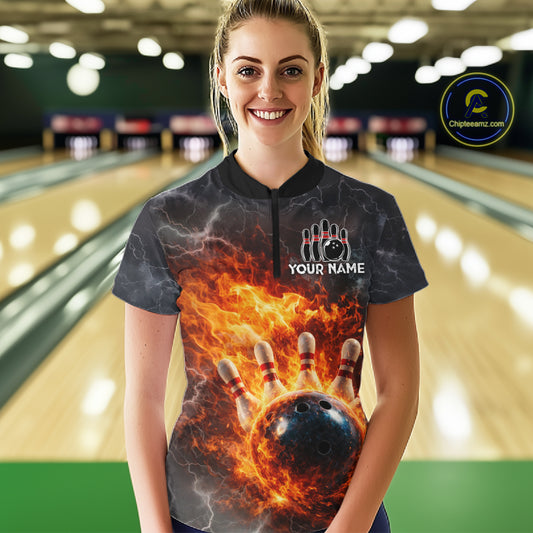 Custom Orange Flame Lightning Thunder Bowling shirts for Women, bowling team jerseys gift for bowlers NQS11618
