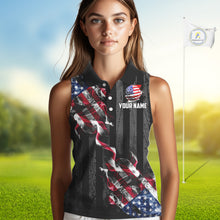 Load image into Gallery viewer, Black American flag smoke Women's Sleeveless Polo Shirt Custom Patriotic Team Golf attire NQS10615