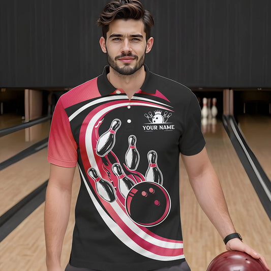 Black and Pink Bowling Polo, 1/4 Zip Shirt For Men Custom Bowling Team League Jersey, Gift For Bowler NQS9491