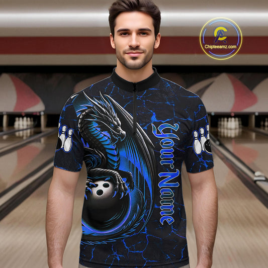 Black And Blue Custom Dragon Bowling Shirts For Men, Dragon Bowling Team Shirts NQS11620