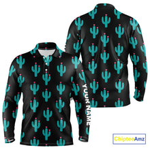 Load image into Gallery viewer, Personalized black and green cactus flower pattern mens golf polo shirts custom cactus golf shirts NQS9942