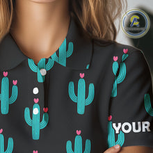 Load image into Gallery viewer, Personalized black & green cactus flower pattern Women golf polo shirts custom cactus golf shirts NQS9942
