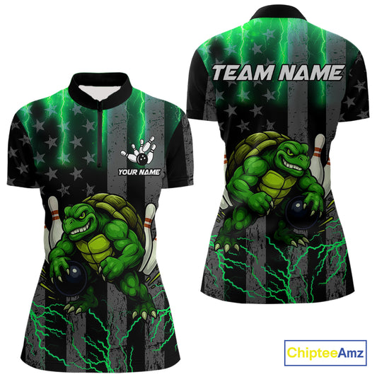 Black American flag Women's bowling shirts Custom Green lightning thunder Turtle Bowling Team Jerseys NQS10623