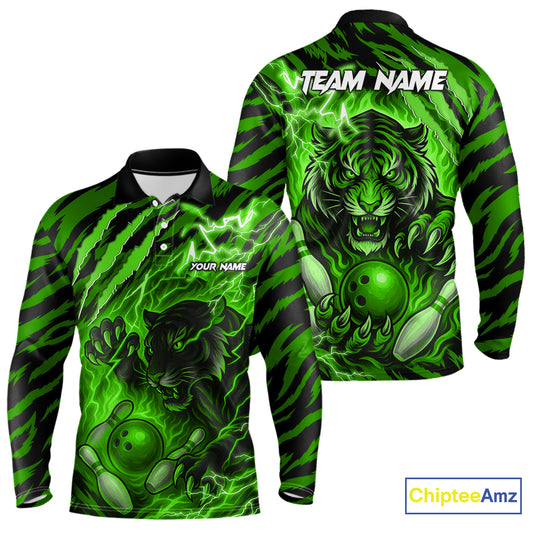 Personalized Tiger Bowling Shirts For Men, Green Flame Lightning Thunder Tiger Team Bowling Jerseys NQS11233
