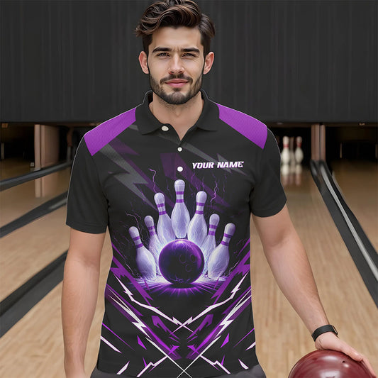 Black and Purple Lightning thunder Bowling Polo, Quarter Zip shirts for Men Custom Bowling Team Jersey NQS9358