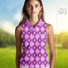 Load image into Gallery viewer, Women sleeveless polo shirt custom light purple argyle plaid pattern golf attire for ladies NQS10437