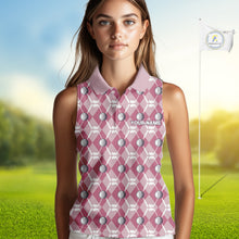 Load image into Gallery viewer, Women sleeveless polo shirt custom pink argyle plaid pattern golf attire for ladies NQS10443