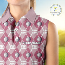 Load image into Gallery viewer, Women sleeveless polo shirt custom pink argyle plaid pattern golf attire for ladies NQS10443