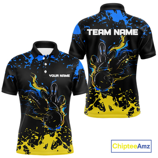 Personalized Black, Blue & Yellow Bowling Shirts For Men, Bowling Balls And Pins Bowling Team Shirts NQS11465