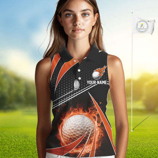 Black and Orange Fire golf ball custom Women sleeveless polo shirt, personalized golf outfit for team NQS10124