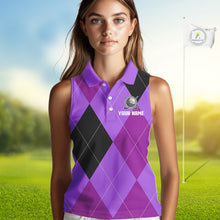 Load image into Gallery viewer, Women Sleeveless Polo Shirt custom purple and black golf argyle plaid pattern, personalized golf gift NQS10653