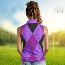 Load image into Gallery viewer, Women Sleeveless Polo Shirt custom purple and black golf argyle plaid pattern, personalized golf gift NQS10653