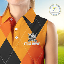 Load image into Gallery viewer, Women Sleeveless Polo Shirt custom orange and black golf argyle plaid pattern Halloween golf gifts NQS10654