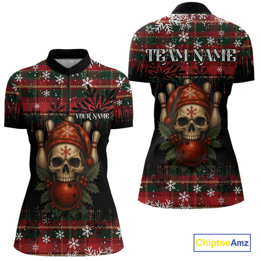 Black & Red Plaid Christmas pattern Skull Bowling Shirts For Women Custom Team Bowling outfit jersey NQS11057