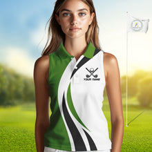 Load image into Gallery viewer, Green and White Women Sleeveless golf polo shirt Custom golf attire for ladies, gifts for golf lovers NQS10664
