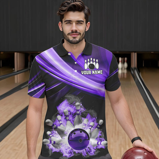 Personalized Black and Purple Smoke Flame Bowling Polo, 1/4 Zip Shirts For Men, cool bowling jerseys NQS9544