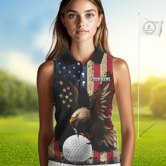 Vintage American Flag Eagle Sleeveless Golf Polo Shirt Custom Patriotic Retro Team ladies golf attire NQS10476