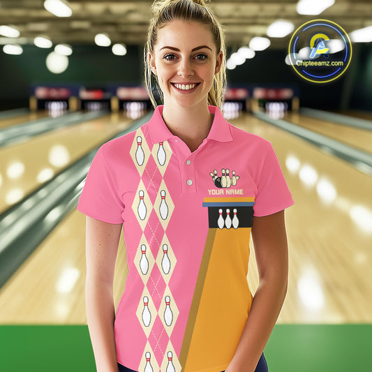 Pink and Yellow Retro Bowling Polo, Quarter Zip shirt for Women Custom vintage team bowling jersey NQS10708