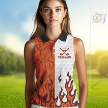 Load image into Gallery viewer, White and Orange Camo Flame Women Sleeveless Golf Polo Shirt Custom golf attire for ladies golf gift NQS10711