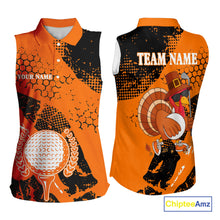 Load image into Gallery viewer, Black & Orange Turkey golf Sleeveless golf polo shirts custom Thanksgiving golf shirt for Ladies NQS10722