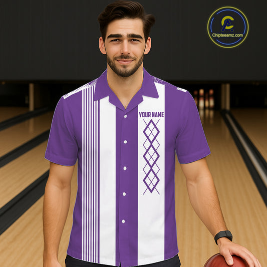 Purple & White retro Argyle Flame Bowling Hawaiian Shirt Custom bowling team jersey NQS11314