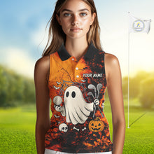 Load image into Gallery viewer, Custom Orange Halloween Boo Sleeveless polo shirt for Women, Halloween Ladies Golf Outfits NQS10524