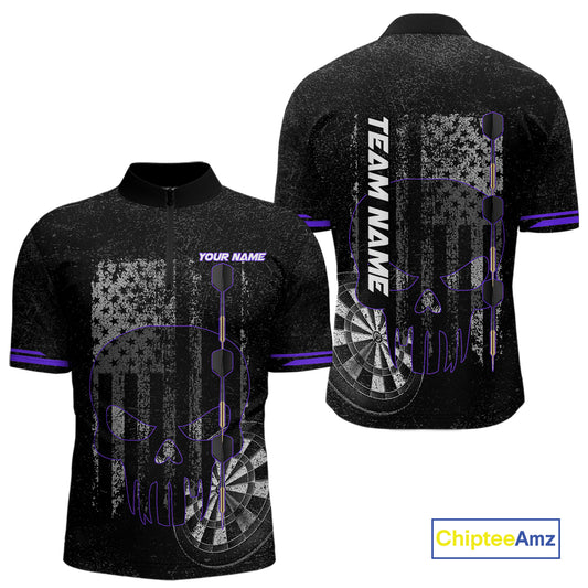 Black & White grunge American Flag Skull Mens Darts Shirt Custom patriotic Team Darts Jersey | Purple NQS10750