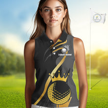 Load image into Gallery viewer, Black and Gold Crown Golf ball Women's Sleeveless golf polo shirts custom team golf tops for ladies NQS10757