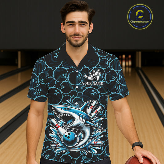 Black and Blue Camo Shark Bowling Hawaiian Shirt Custom Team Shark Bowling jerseys NQS11338