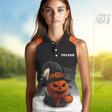 Load image into Gallery viewer, Black & Orange Funny pumpkin Golf Ball Women Sleeveless polo shirt Custom Halloween ladies golf wear NQS10778