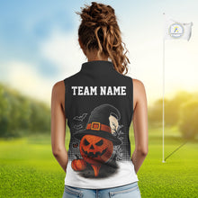 Load image into Gallery viewer, Black & Orange Funny pumpkin Golf Ball Women Sleeveless polo shirt Custom Halloween ladies golf wear NQS10778