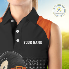 Load image into Gallery viewer, Black & Orange Funny pumpkin Golf Ball Women Sleeveless polo shirt Custom Halloween ladies golf wear NQS10778
