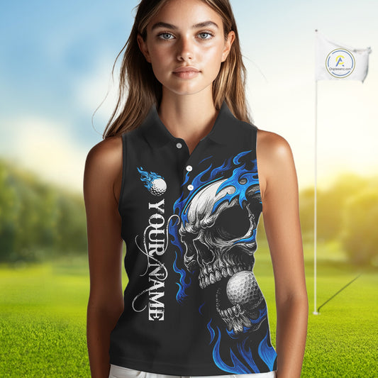 Custom Black and Blue Flame Skull Women's Sleeveless Polo Shirt, Skull Team Ladies Golf Outfit NQS10576
