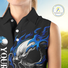 Load image into Gallery viewer, Custom Black and Blue Flame Skull Women's Sleeveless Polo Shirt, Skull Team Ladies Golf Outfit NQS10576