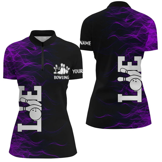 Purple Flame Bowling Custom Women Bowling Polo, Quarter zip Shirts Bowling Team Jerseys Tournament NQS8410