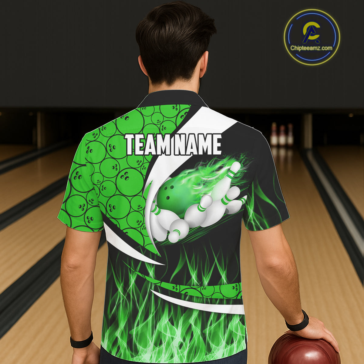 Green Flame Bowling Camo Bowling Hawaiian Shirts Custom Bowling Team Bowler Jerseys NQS11196