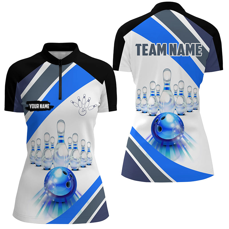 Blue Light Bowling Polo, Quarter Zip Shirt for Women Custom Bowling ball and pins Team League Jerseys NQS7586
