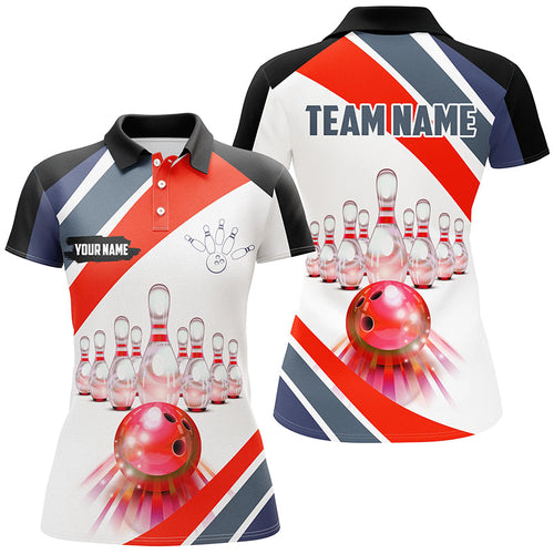 Red Light Bowling Polo, Quarter Zip Shirt for Women Custom Bowling ball and pins Team League Jerseys NQS7587