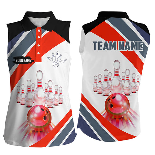 Red Light Bowling Sleeveless Polo shirt for women Custom Bowling ball and pins Team League Jerseys NQS7587