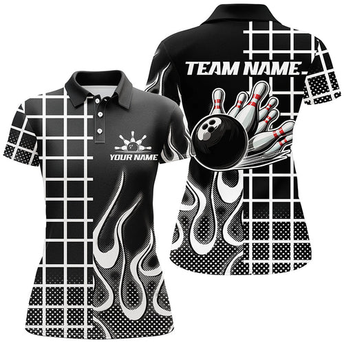 Black and white retro Bowling Polo, Quarter Zip Shirt for Women Custom Bowling Team League Jerseys NQS7588