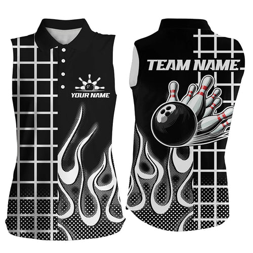 Black and white retro Bowling Sleeveless Polo shirt for Women Custom Bowling Team League Jerseys NQS7588