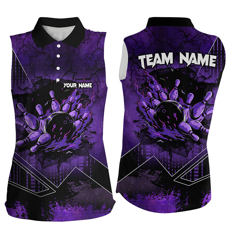 Purple grunge flame bowling ball pins Women Bowling sleeveless Polo shirt custom bowling Team jerseys NQS8203