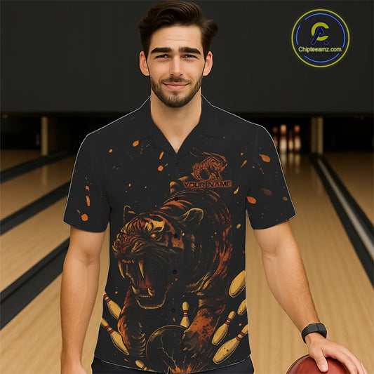 Personalized Black and Orange Tiger Bowling Team Hawaiian Shirt, Tiger Bowling Jersey NQS11203