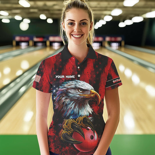 American Flag Eagle Bowling Polo, 1/4 Zip Shirts For Women Custom Name Patriotic Bowling Team Jersey NQS9660