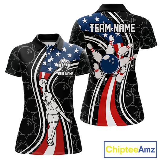 Black camo Retro bowling shirts for Women Custom American flag patriotic team bowling jerseys NQS11431