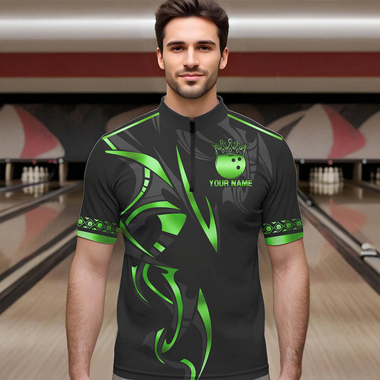 Black and Green crown Bowling ball Polo, Quarter Zip Shirts for Men Custom Bowling Team jerseys NQS9502