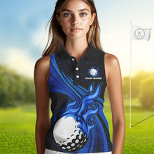 Load image into Gallery viewer, Black & Blue Golf ball Flame Women Sleeveless Polo Shirt Custom ladies golf clothing, best golf gift NQS10864