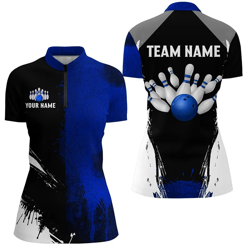 Black and Blue Bowling Polo, Quarter Zip Shirt For Women Custom Bowling Team jersey, gift for bowler NQS8260