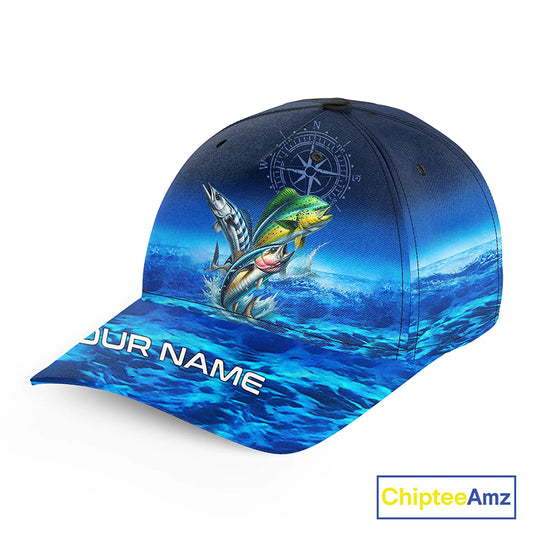 Personalized Mahi Mahi, Wahoo, Tuna Blue fishing hat, compass offshore tournament Angler hat cap NQS11252