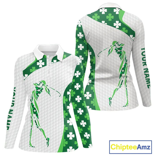 Personalized Green shamrock pattern golf white Women golf polo shirt custom St Patrick Day golf gift NQS11260